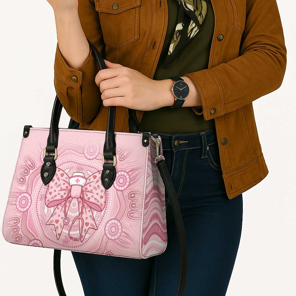 Aussie Nurse Leather Bag Pink Stethoscope Coquette Bow Aboriginal Dot Art