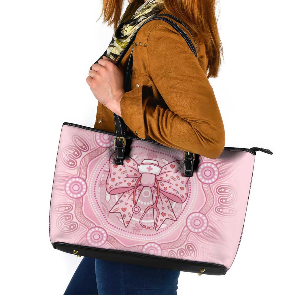 Aussie Nurse Leather Tote Bag Pink Stethoscope Coquette Bow Aboriginal Dot Art