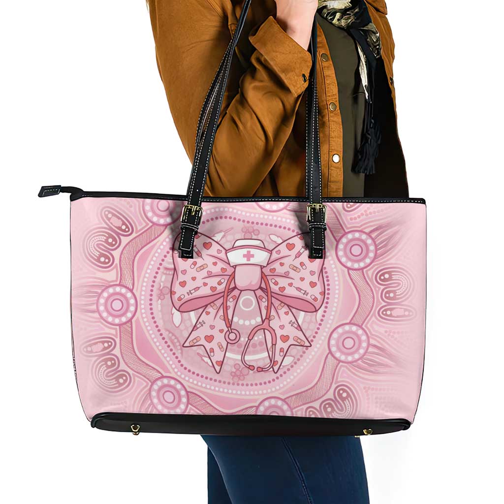 Aussie Nurse Leather Tote Bag Pink Stethoscope Coquette Bow Aboriginal Dot Art
