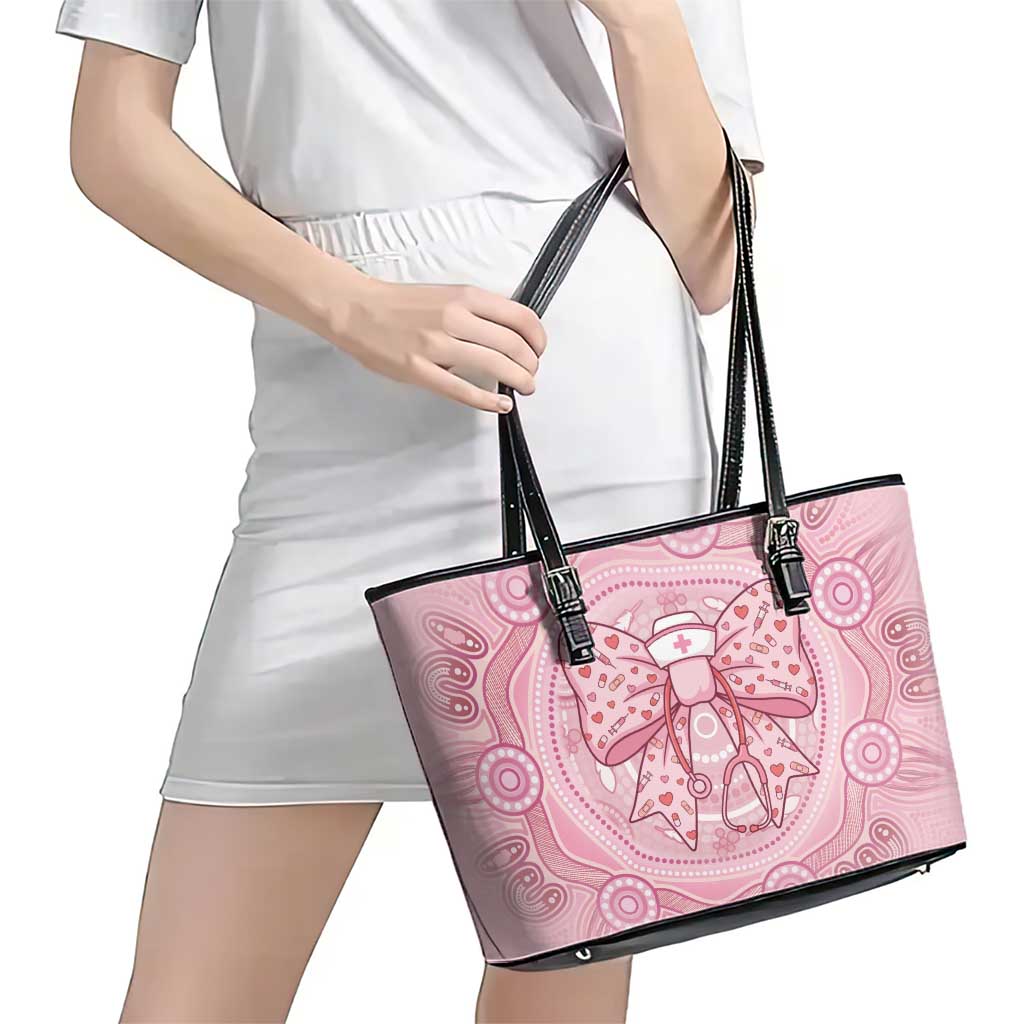 Aussie Nurse Leather Tote Bag Pink Stethoscope Coquette Bow Aboriginal Dot Art