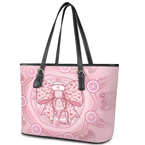Aussie Nurse Leather Tote Bag Pink Stethoscope Coquette Bow Aboriginal Dot Art