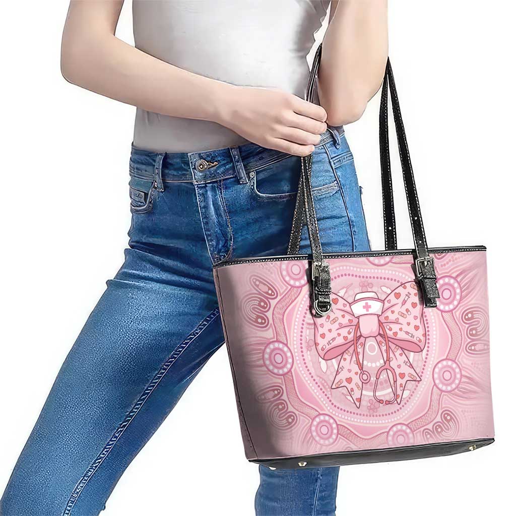 Aussie Nurse Leather Tote Bag Pink Stethoscope Coquette Bow Aboriginal Dot Art