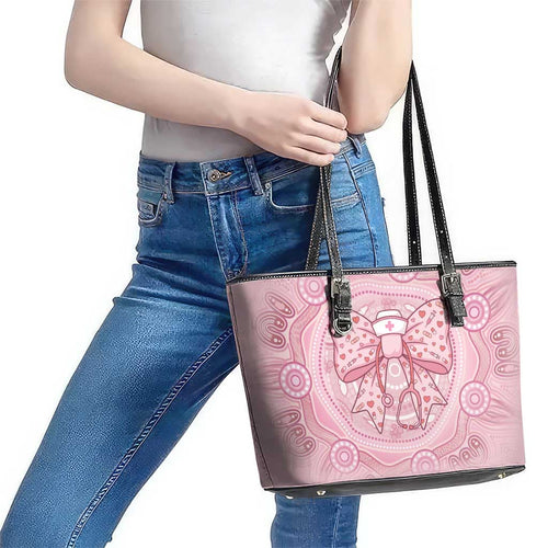 Aussie Nurse Leather Tote Bag Pink Stethoscope Coquette Bow Aboriginal Dot Art