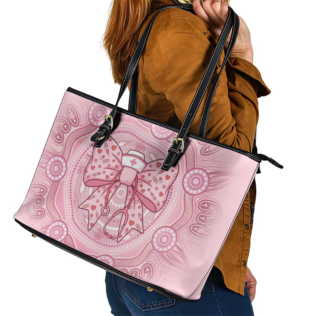 Aussie Nurse Leather Tote Bag Pink Stethoscope Coquette Bow Aboriginal Dot Art