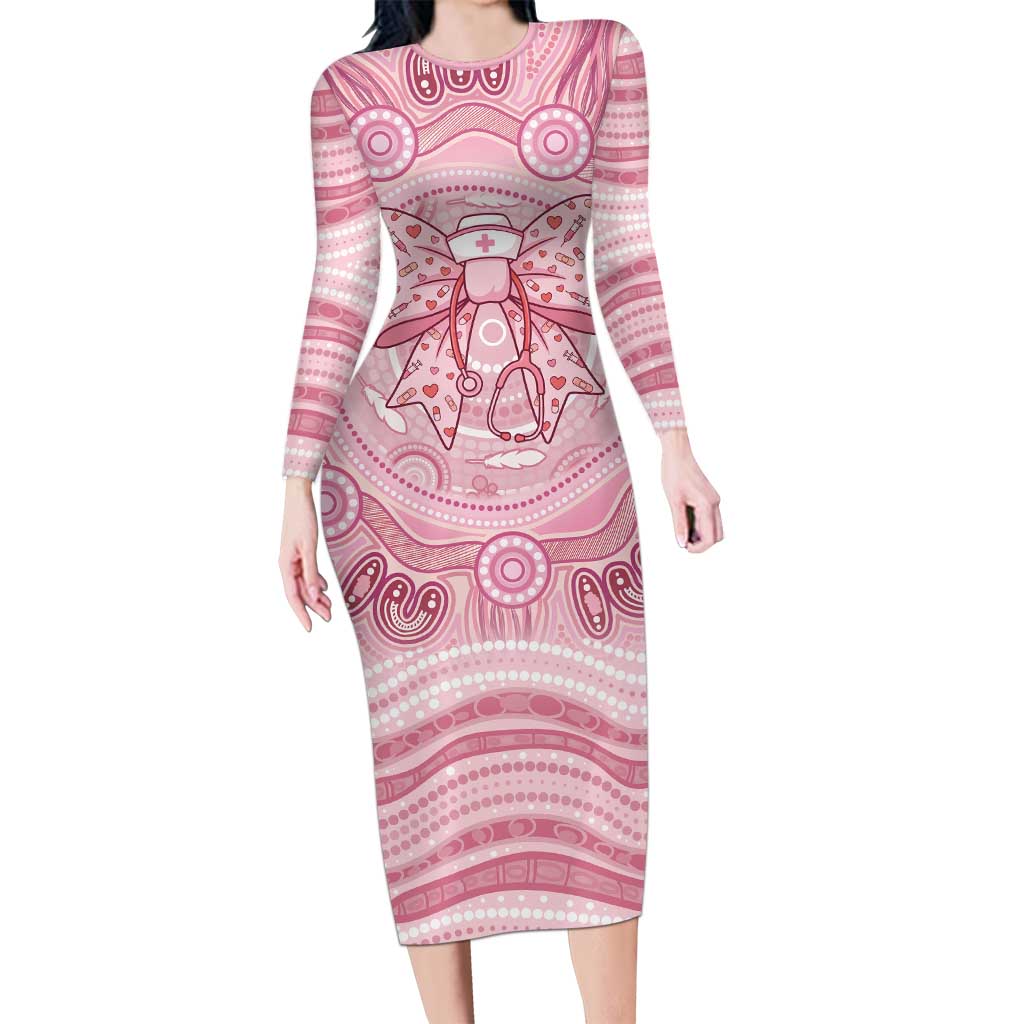 Aussie Nurse Personalised Long Sleeve Bodycon Dress Pink Stethoscope Coquette Bow Aboriginal Dot Art