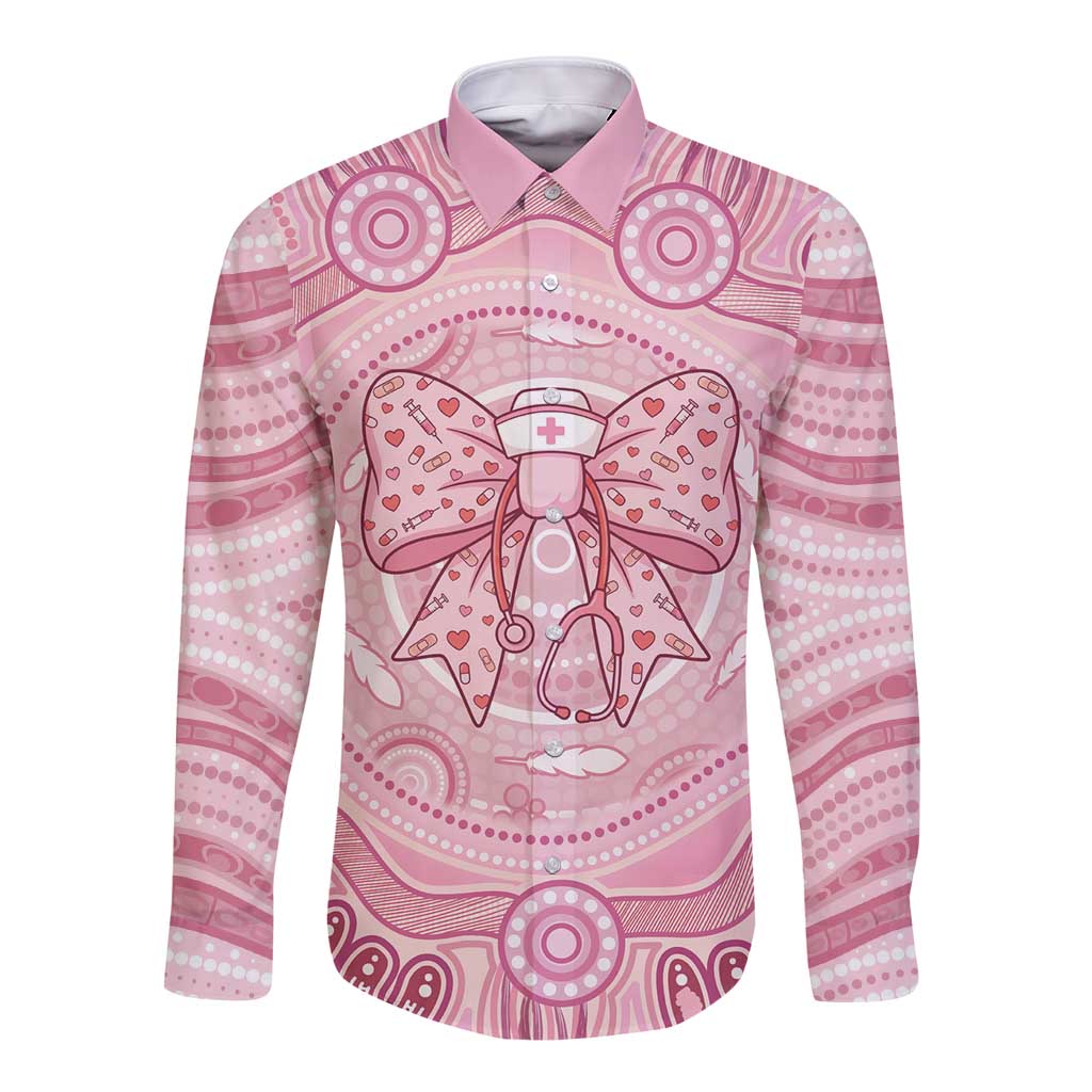 Aussie Nurse Personalised Long Sleeve Button Shirt Pink Stethoscope Coquette Bow Aboriginal Dot Art