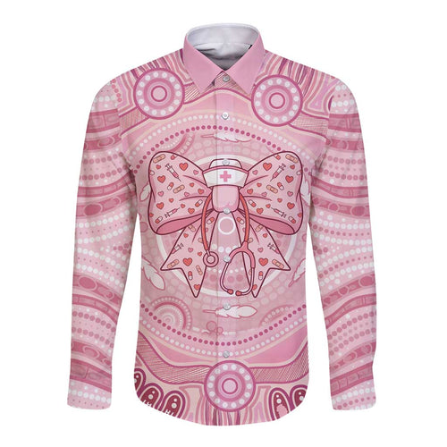 Aussie Nurse Personalised Long Sleeve Button Shirt Pink Stethoscope Coquette Bow Aboriginal Dot Art