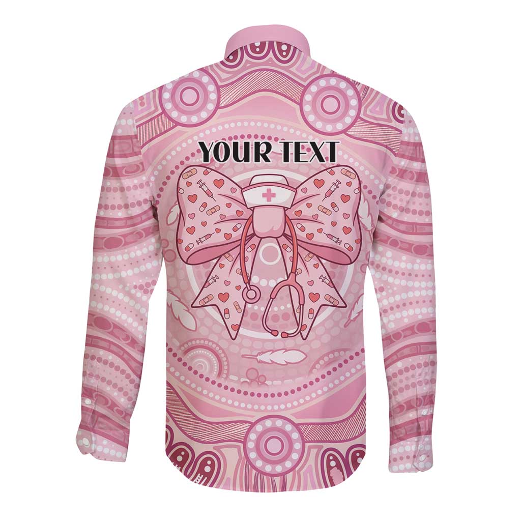 Aussie Nurse Personalised Long Sleeve Button Shirt Pink Stethoscope Coquette Bow Aboriginal Dot Art