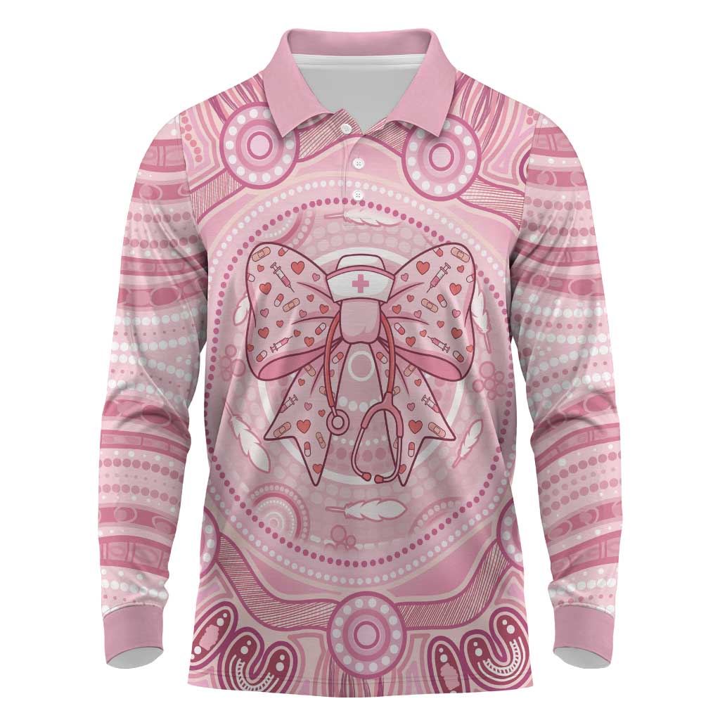 Aussie Nurse Personalised Long Sleeve Polo Shirt Pink Stethoscope Coquette Bow Aboriginal Dot Art