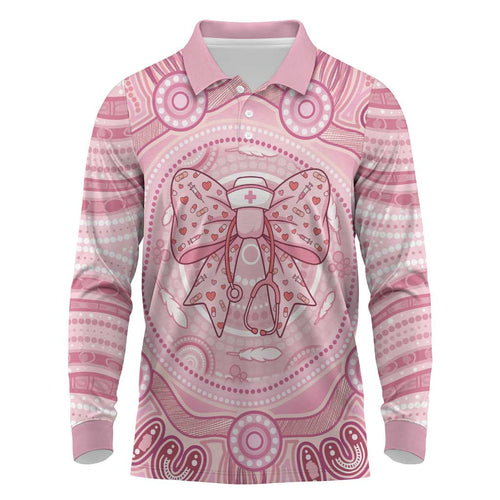 Aussie Nurse Personalised Long Sleeve Polo Shirt Pink Stethoscope Coquette Bow Aboriginal Dot Art
