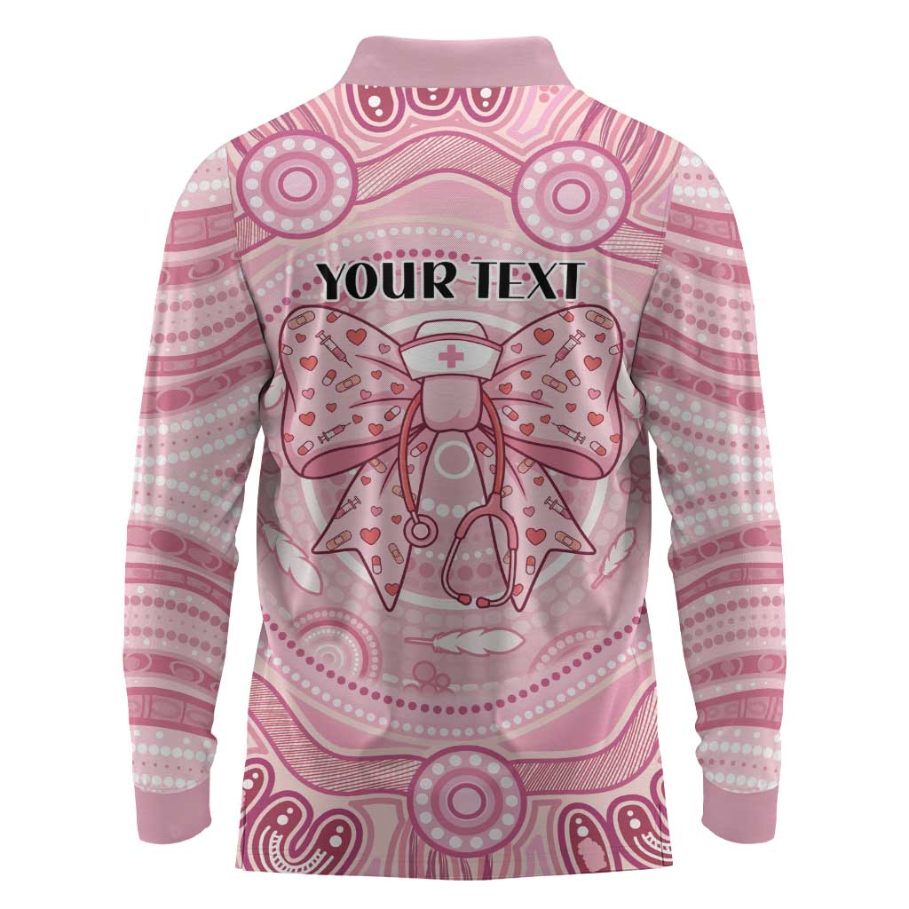 Aussie Nurse Personalised Long Sleeve Polo Shirt Pink Stethoscope Coquette Bow Aboriginal Dot Art