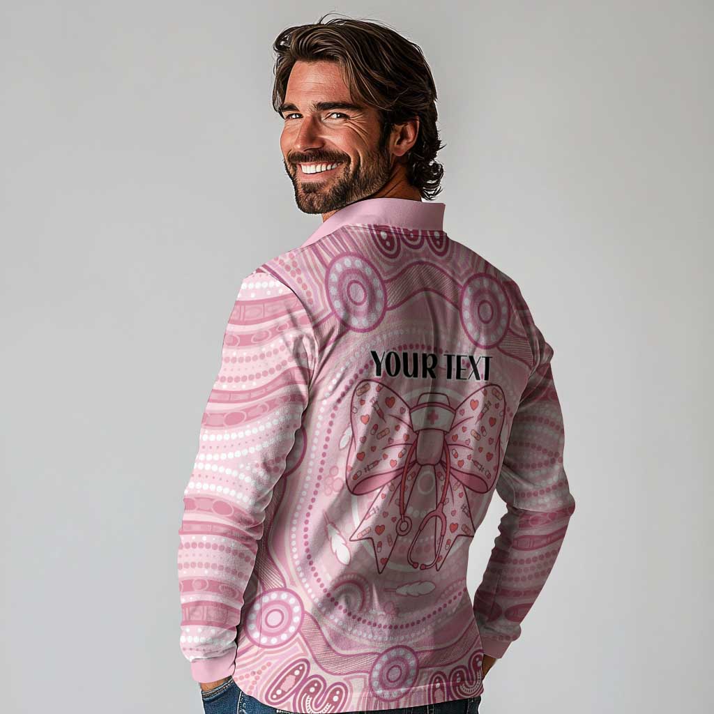 Aussie Nurse Personalised Long Sleeve Polo Shirt Pink Stethoscope Coquette Bow Aboriginal Dot Art