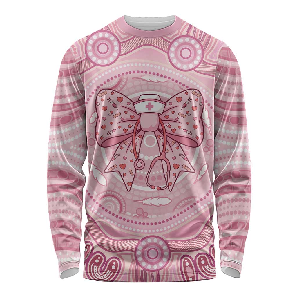 Aussie Nurse Personalised Long Sleeve Shirt Pink Stethoscope Coquette Bow Aboriginal Dot Art