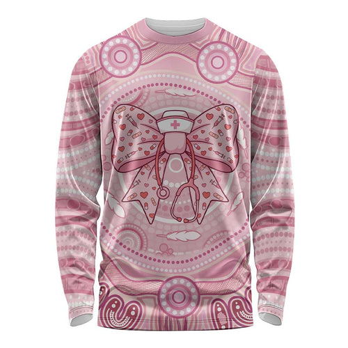 Aussie Nurse Personalised Long Sleeve Shirt Pink Stethoscope Coquette Bow Aboriginal Dot Art