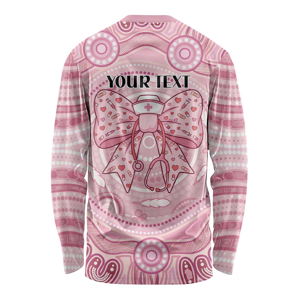 Aussie Nurse Personalised Long Sleeve Shirt Pink Stethoscope Coquette Bow Aboriginal Dot Art
