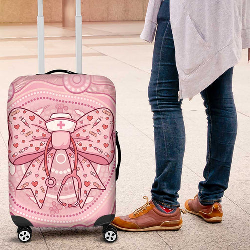Aussie Nurse Luggage Cover Pink Stethoscope Coquette Bow Aboriginal Dot Art