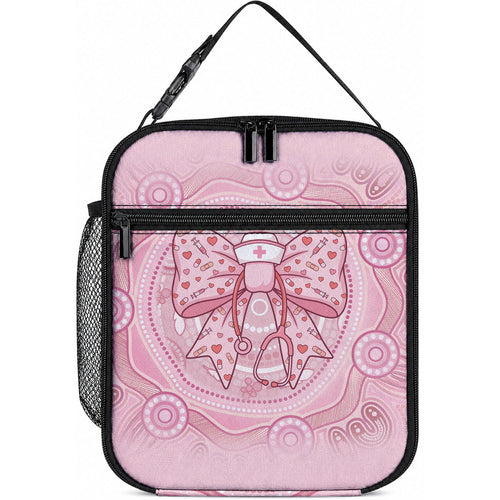 Aussie Nurse Lunch Bag Pink Stethoscope Coquette Bow Aboriginal Dot Art