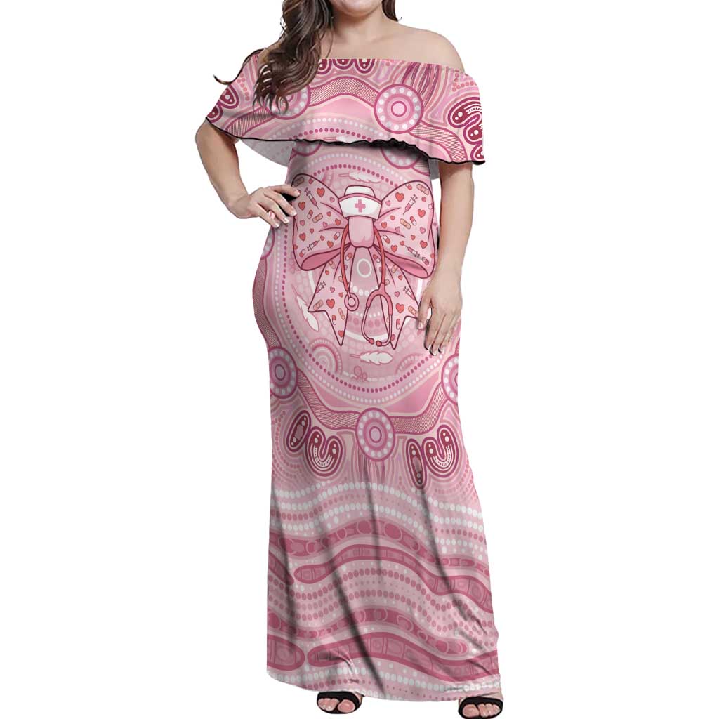 Aussie Nurse Personalised Off Shoulder Maxi Dress Pink Stethoscope Coquette Bow Aboriginal Dot Art
