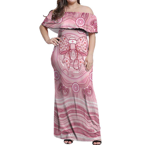 Aussie Nurse Personalised Off Shoulder Maxi Dress Pink Stethoscope Coquette Bow Aboriginal Dot Art