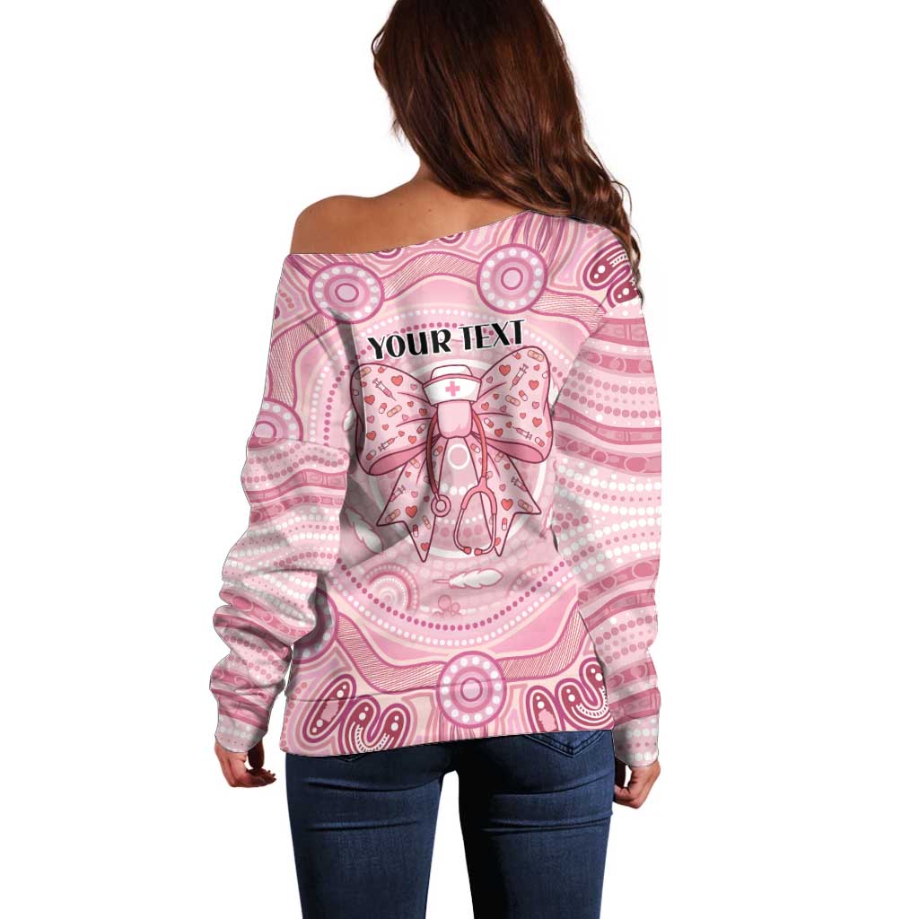 Aussie Nurse Personalised Off Shoulder Sweater Pink Stethoscope Coquette Bow Aboriginal Dot Art