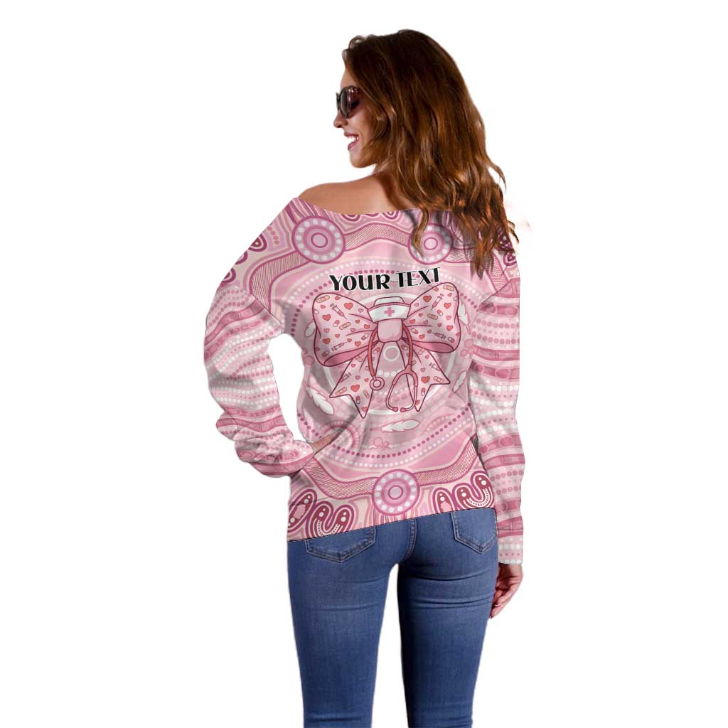 Aussie Nurse Personalised Off Shoulder Sweater Pink Stethoscope Coquette Bow Aboriginal Dot Art