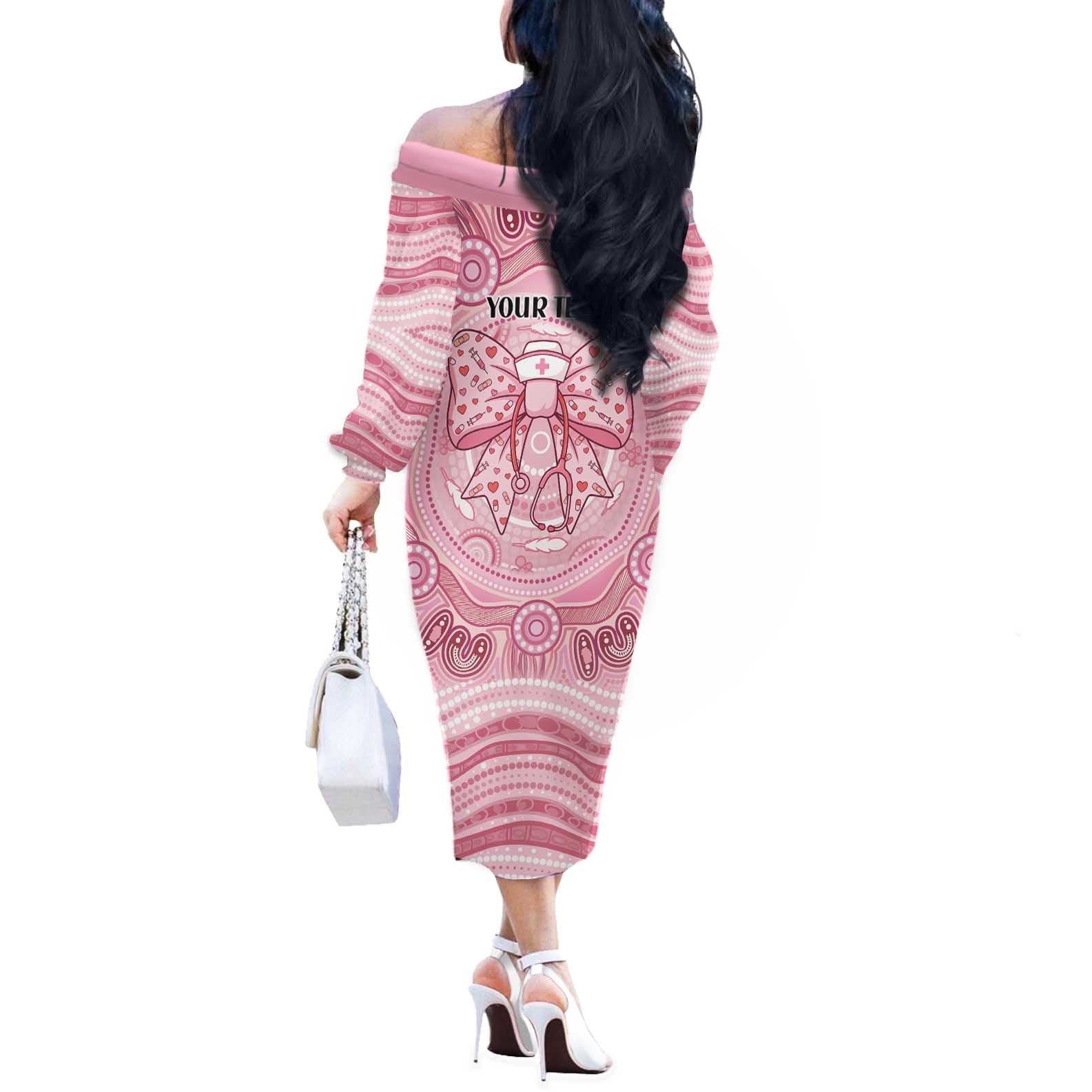 Aussie Nurse Personalised Off The Shoulder Long Sleeve Dress Pink Stethoscope Coquette Bow Aboriginal Dot Art