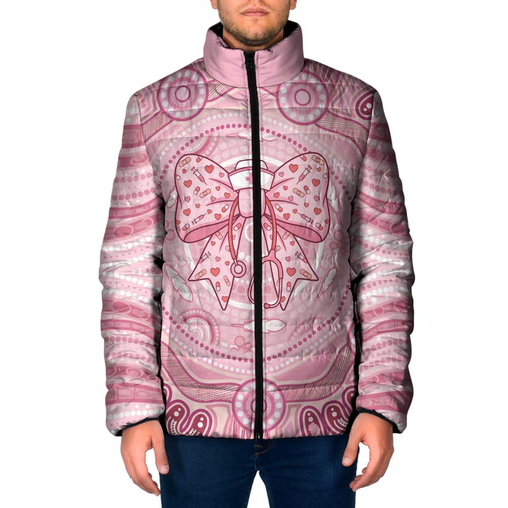 Aussie Nurse Personalised Padded Jacket Pink Stethoscope Coquette Bow Aboriginal Dot Art