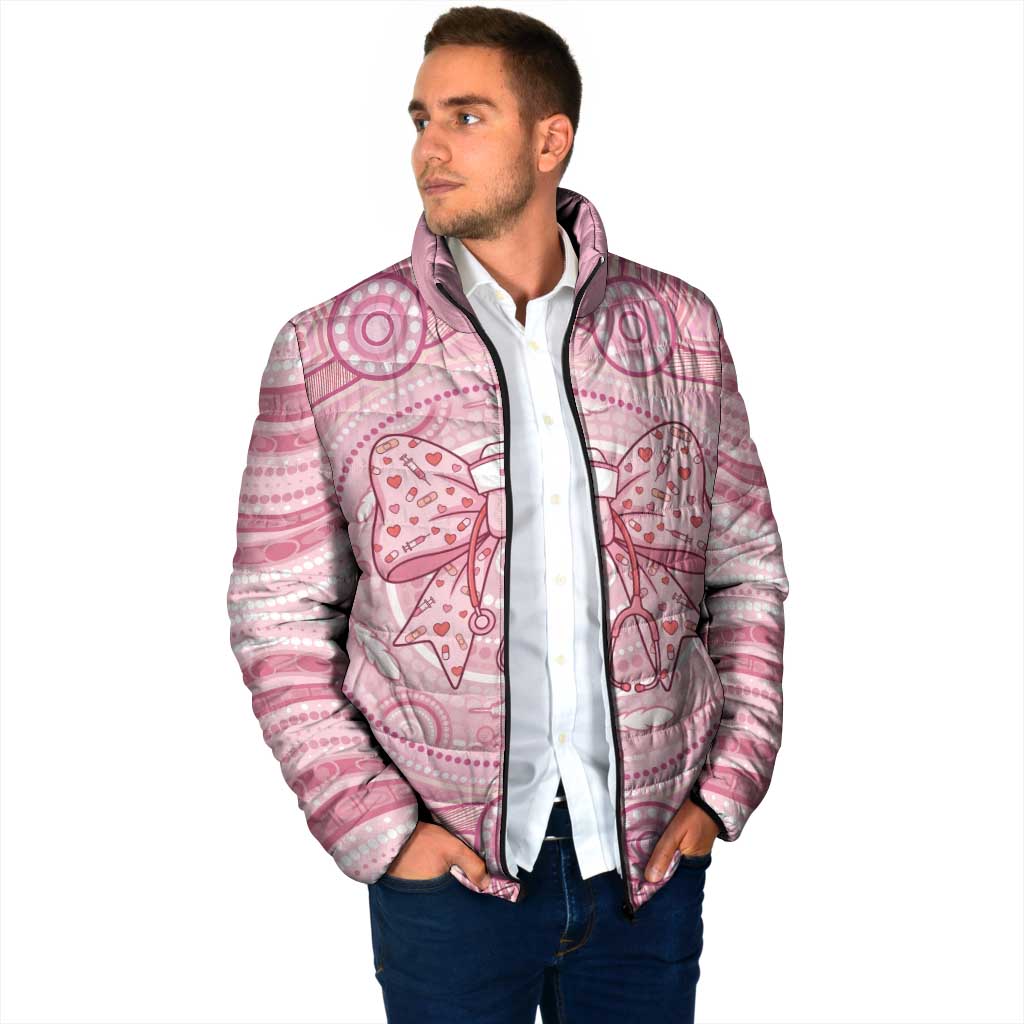 Aussie Nurse Personalised Padded Jacket Pink Stethoscope Coquette Bow Aboriginal Dot Art