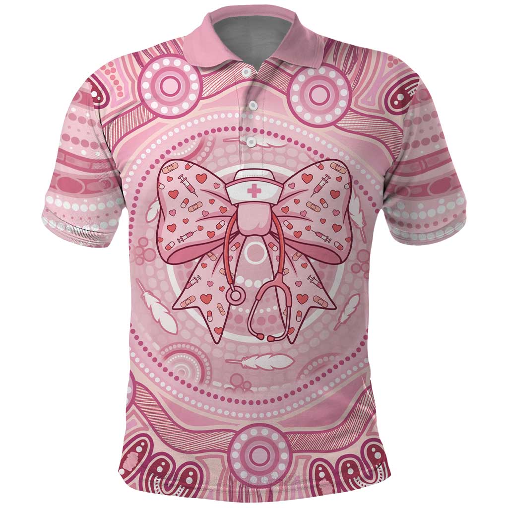 Aussie Nurse Personalised Polo Shirt Pink Stethoscope Coquette Bow Aboriginal Dot Art