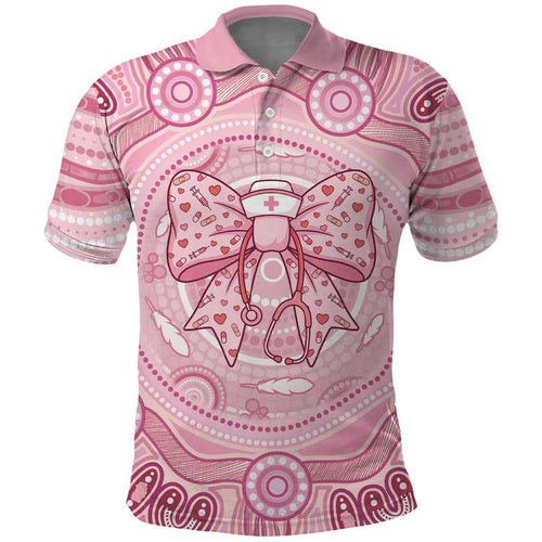 Aussie Nurse Personalised Polo Shirt Pink Stethoscope Coquette Bow Aboriginal Dot Art