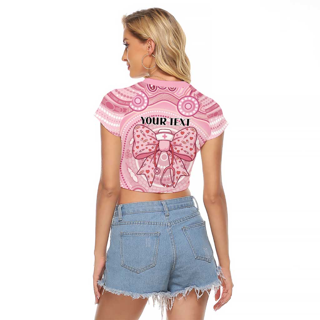 Aussie Nurse Personalised Raglan Cropped T Shirt Pink Stethoscope Coquette Bow Aboriginal Dot Art