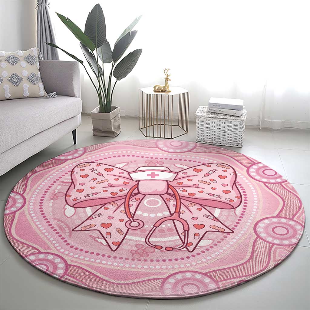 Aussie Nurse Round Carpet Pink Stethoscope Coquette Bow Aboriginal Dot Art