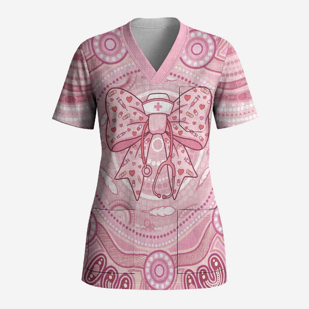 Aussie Nurse Personalised Scrub Top Pink Stethoscope Coquette Bow Aboriginal Dot Art
