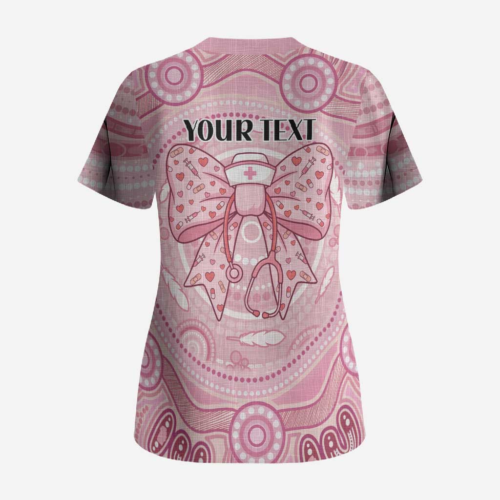 Aussie Nurse Personalised Scrub Top Pink Stethoscope Coquette Bow Aboriginal Dot Art