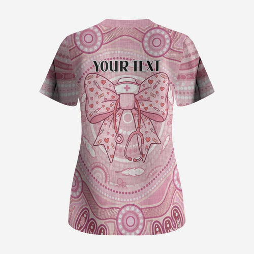 Aussie Nurse Personalised Scrub Top Pink Stethoscope Coquette Bow Aboriginal Dot Art