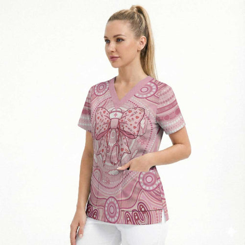 Aussie Nurse Personalised Scrub Top Pink Stethoscope Coquette Bow Aboriginal Dot Art