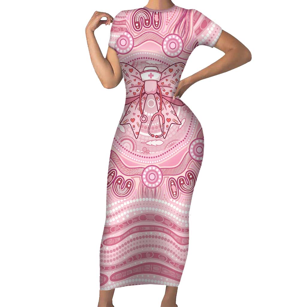 Aussie Nurse Personalised Short Sleeve Bodycon Dress Pink Stethoscope Coquette Bow Aboriginal Dot Art
