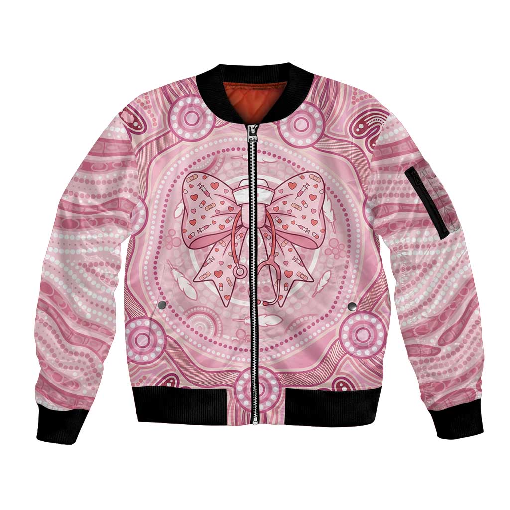 Aussie Nurse Personalised Sleeve Zip Bomber Jacket Pink Stethoscope Coquette Bow Aboriginal Dot Art