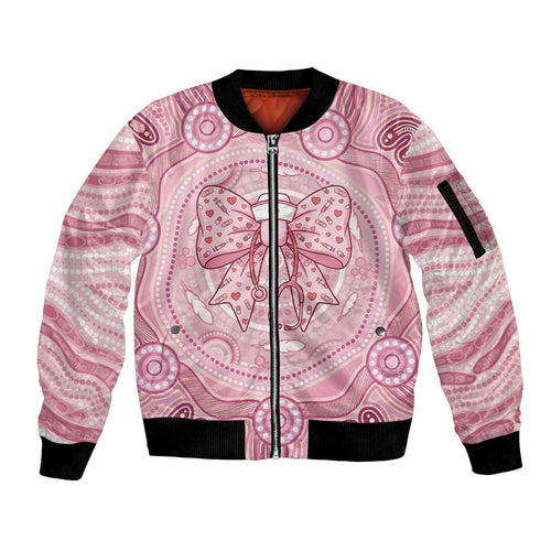 Aussie Nurse Personalised Sleeve Zip Bomber Jacket Pink Stethoscope Coquette Bow Aboriginal Dot Art