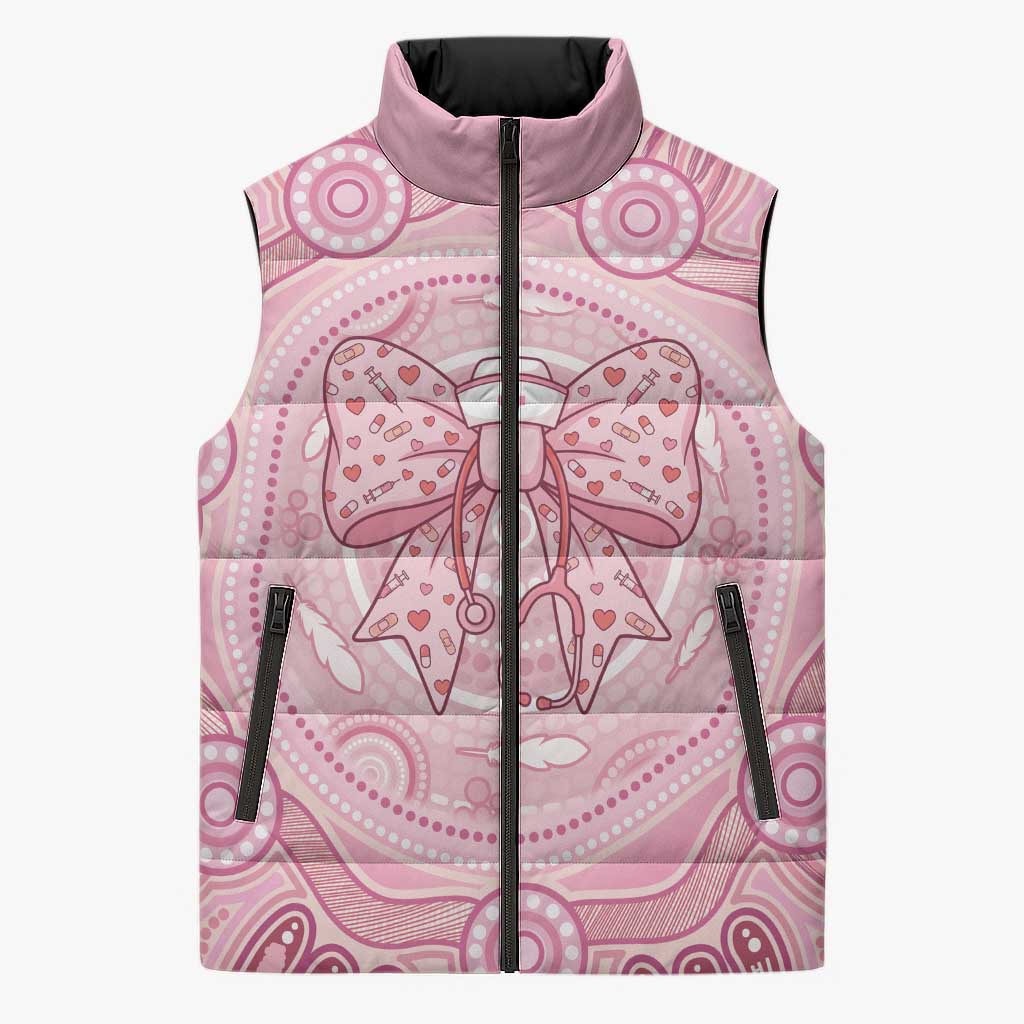 Aussie Nurse Personalised Sleeveless Puffer Jacket Pink Stethoscope Coquette Bow Aboriginal Dot Art