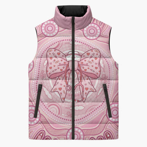 Aussie Nurse Personalised Sleeveless Puffer Jacket Pink Stethoscope Coquette Bow Aboriginal Dot Art