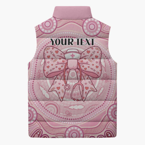 Aussie Nurse Personalised Sleeveless Puffer Jacket Pink Stethoscope Coquette Bow Aboriginal Dot Art
