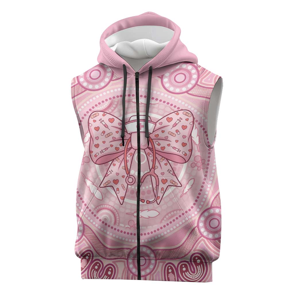 Aussie Nurse Personalised Sleeveless Zip Hoodie Pink Stethoscope Coquette Bow Aboriginal Dot Art