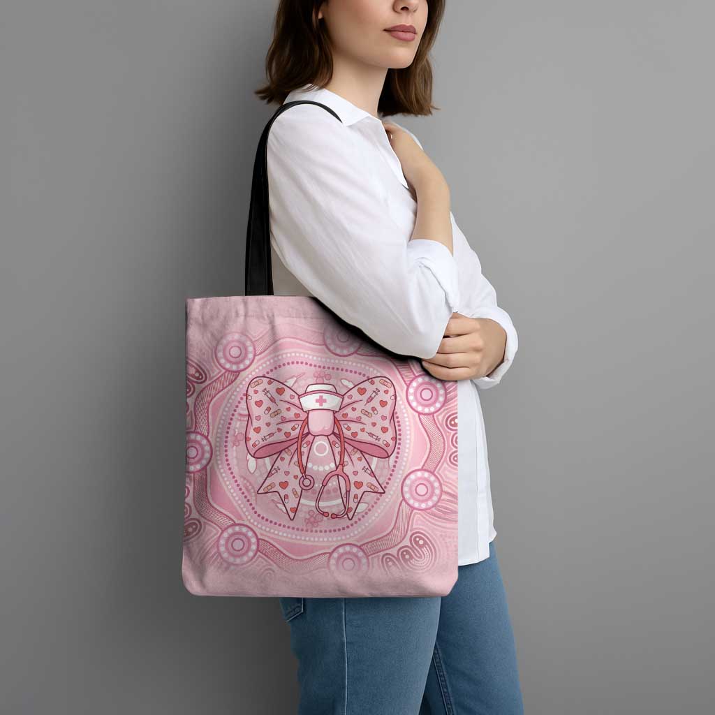 Aussie Nurse Tote Bag Pink Stethoscope Coquette Bow Aboriginal Dot Art