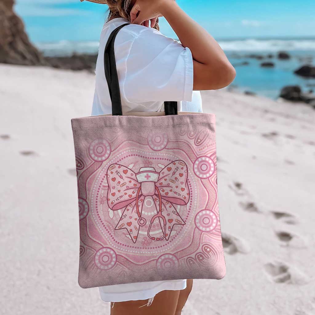 Aussie Nurse Tote Bag Pink Stethoscope Coquette Bow Aboriginal Dot Art