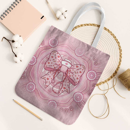 Aussie Nurse Tote Bag Pink Stethoscope Coquette Bow Aboriginal Dot Art