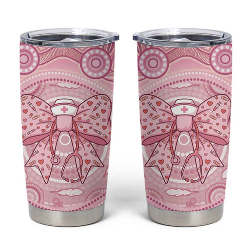 Aussie Nurse Personalised Tumbler Cup Pink Stethoscope Coquette Bow Aboriginal Dot Art