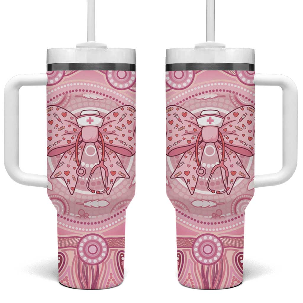 Aussie Nurse Personalised Tumbler With Handle Pink Stethoscope Coquette Bow Aboriginal Dot Art