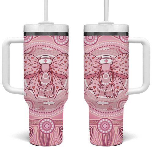 Aussie Nurse Personalised Tumbler With Handle Pink Stethoscope Coquette Bow Aboriginal Dot Art