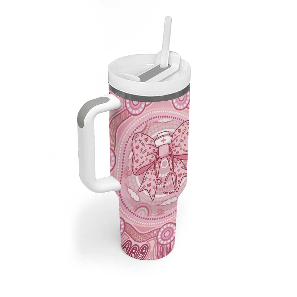 Aussie Nurse Personalised Tumbler With Handle Pink Stethoscope Coquette Bow Aboriginal Dot Art